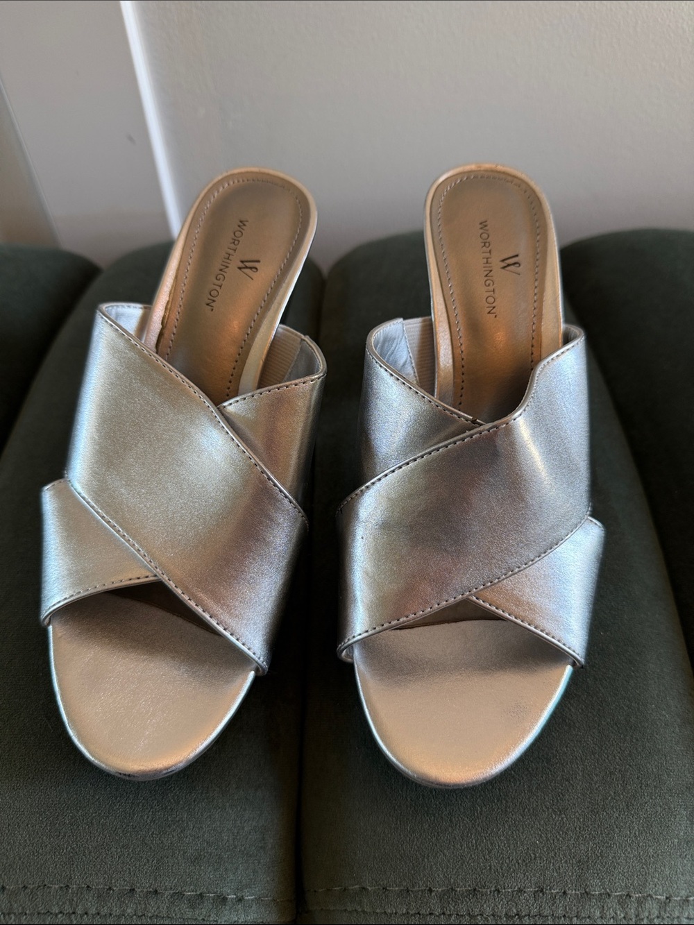 Worthington Metallic Silver Crisscross Slide Mules - Women's